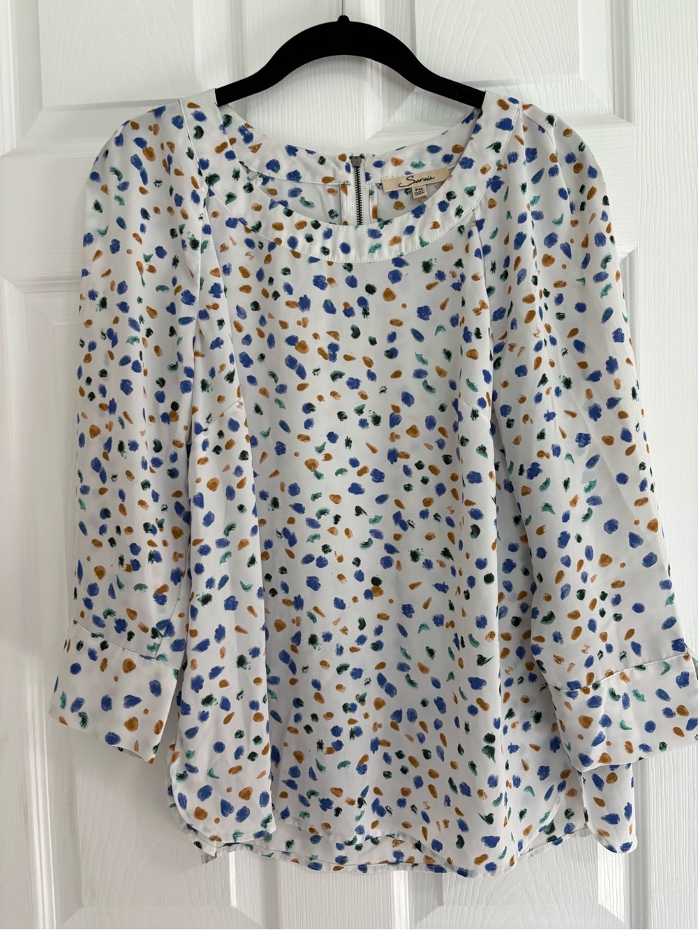 Sundance White Blouse with Blue, Green & Rust Dot Print